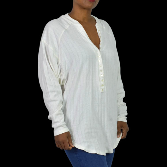 Free People Coffee Chat Pullover Top White Henley Pointelle Knit Oversize Medium - Picture 6 of 13